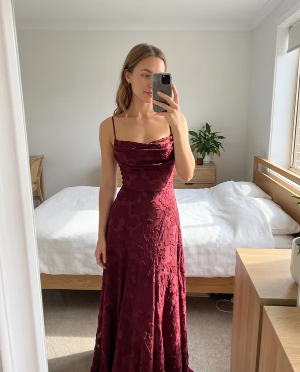 Satin Eve styling: Textured Jacquard Cowl-Neck Cami Maxi Dress