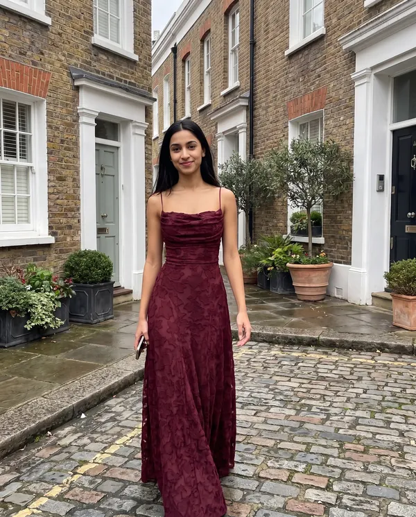 Satin Eve styling: Textured Jacquard Cowl-Neck Cami Maxi Dress