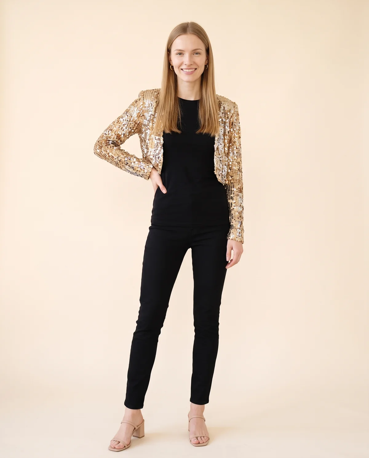 Gold Sequin Cropped Jacket in Champagne Gold, front view, worn by Maya