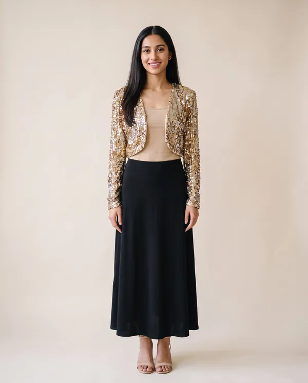 Gold Sequin Cropped Jacket in Champagne Gold, front view, worn by Priya