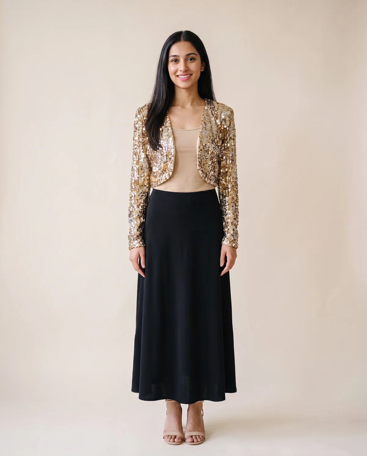 Gold Sequin Cropped Jacket in Champagne Gold, front view, worn by Priya