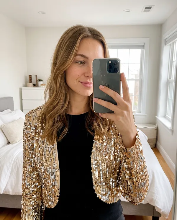 Satin Eve styling: Gold Sequin Cropped Jacket