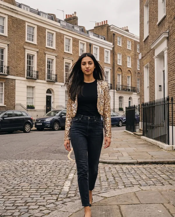 Satin Eve styling: Gold Sequin Cropped Jacket
