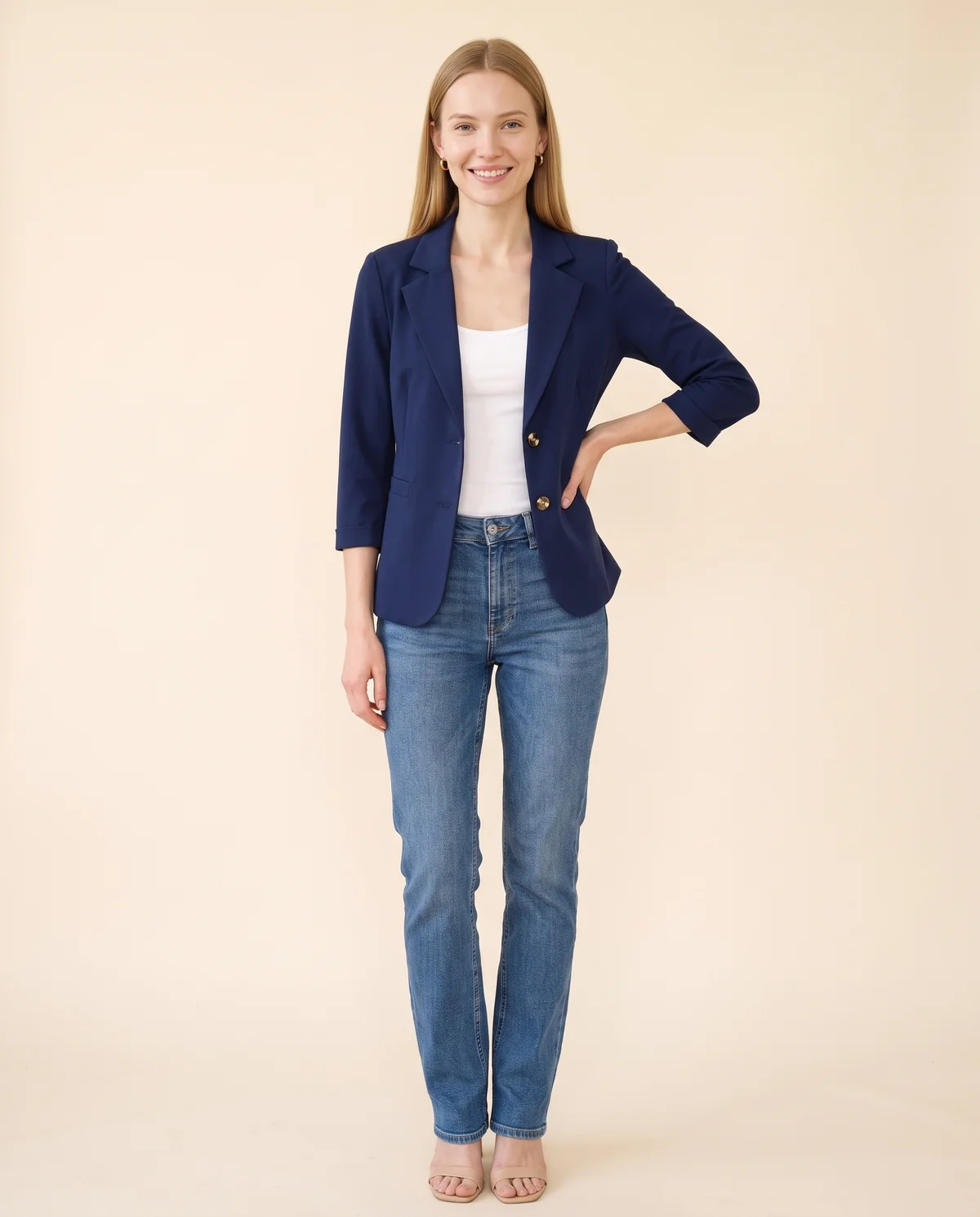 Navy Three-Quarter Sleeve Blazer in Navy, front view, worn by Maya
