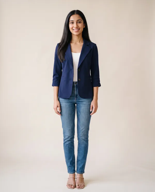 Navy Three-Quarter Sleeve Blazer in Navy, front view, worn by Priya