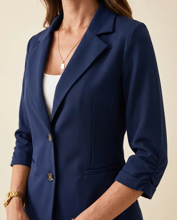 Navy Three-Quarter Sleeve Blazer in Navy, close-up of the detail