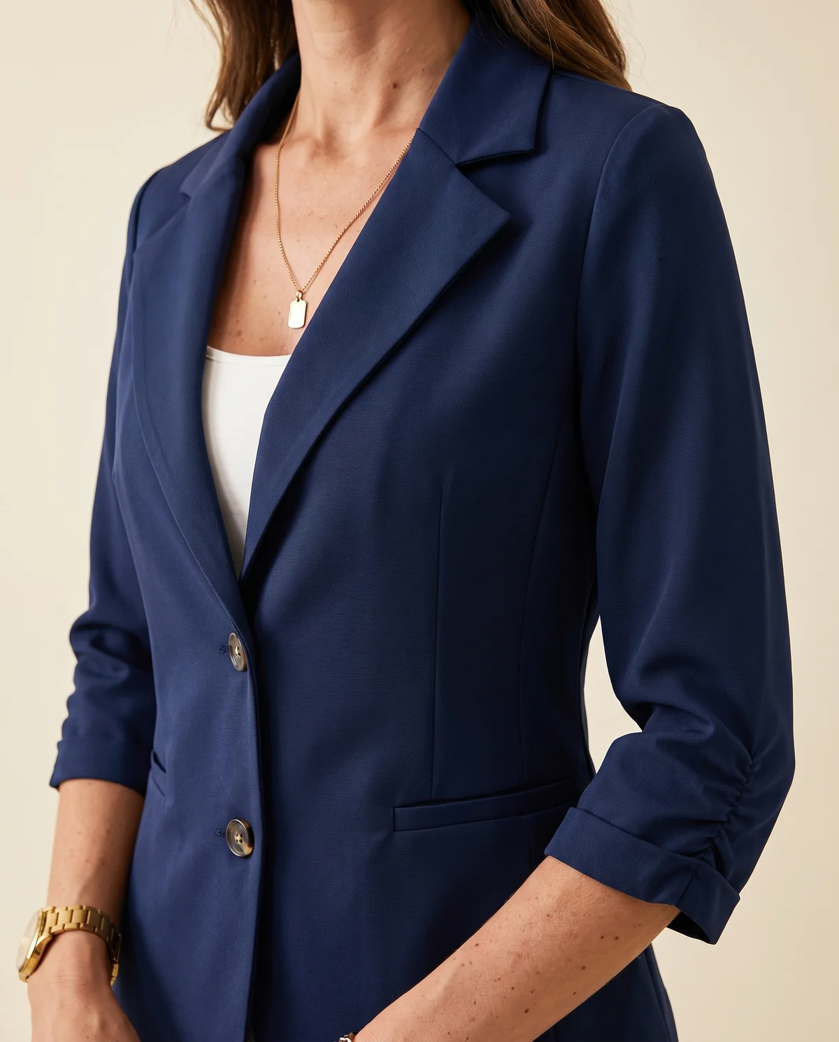 Navy Three-Quarter Sleeve Blazer in Navy, close-up of the detail