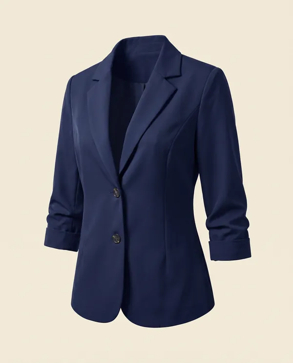 Navy Three-Quarter Sleeve Blazer in Navy, product shot on a plain background