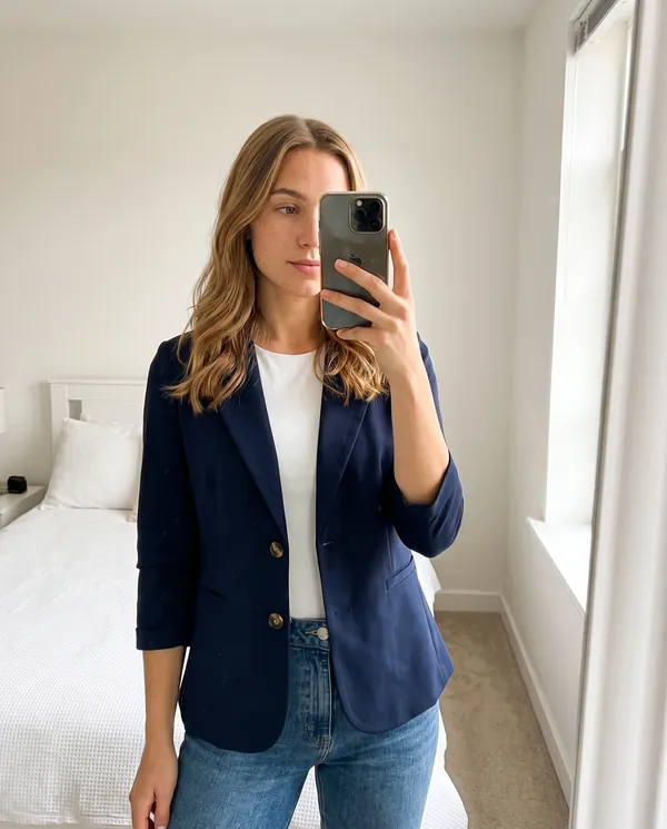 Satin Eve styling: Navy Three-Quarter Sleeve Blazer