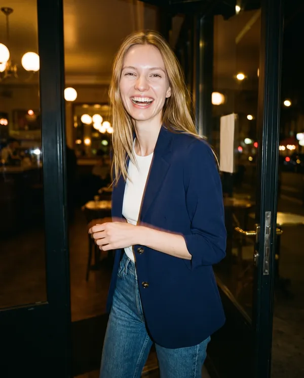 Satin Eve styling: Navy Three-Quarter Sleeve Blazer