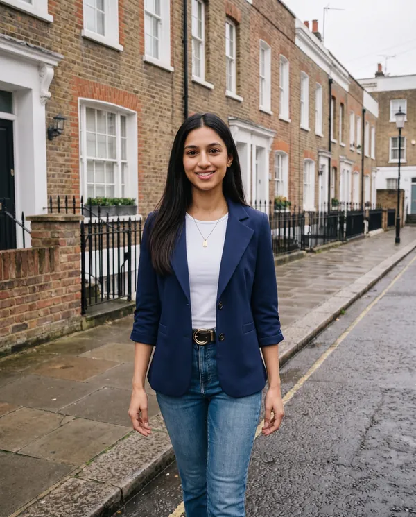 Satin Eve styling: Navy Three-Quarter Sleeve Blazer