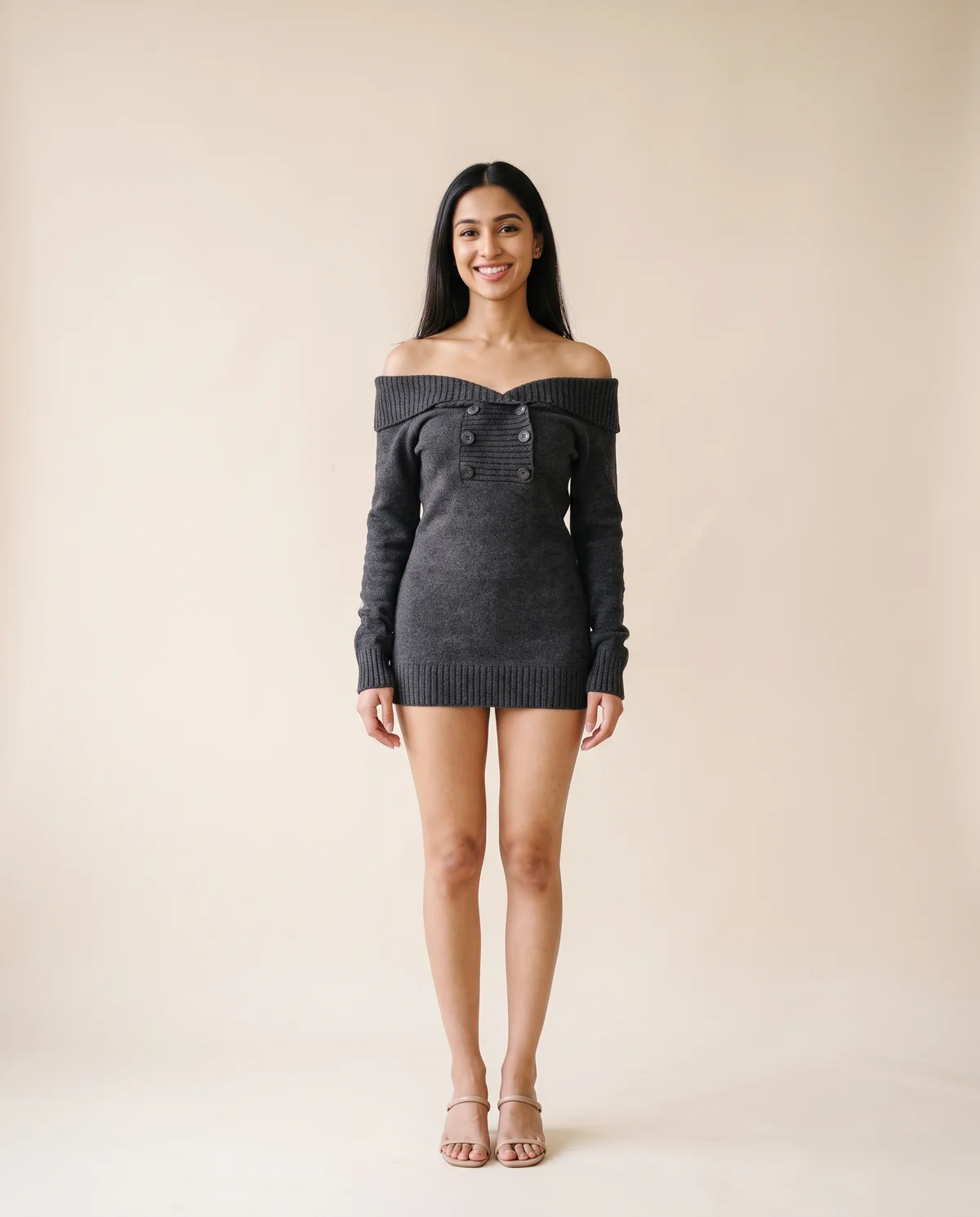 Off-Shoulder Double Button Knit Jumper in Charcoal, front view, worn by Priya