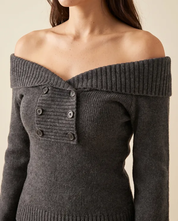 Off-Shoulder Double Button Knit Jumper in Charcoal, close-up of the detail