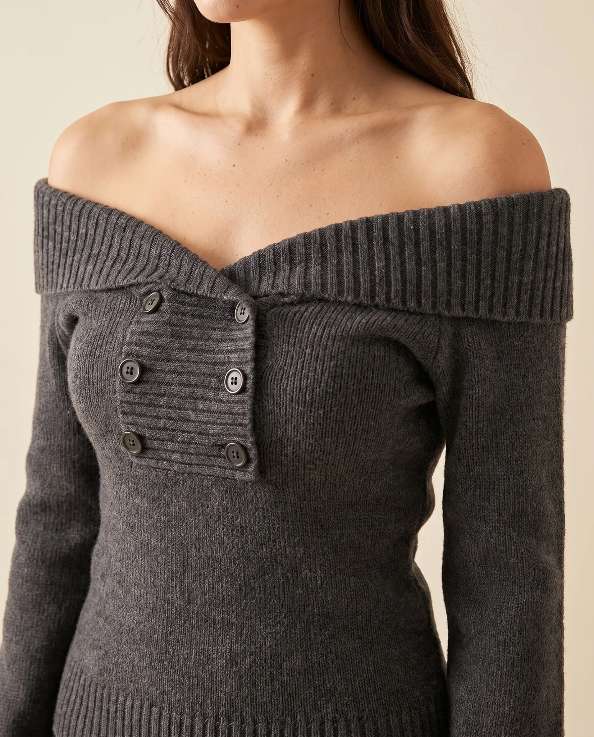 Off-Shoulder Double Button Knit Jumper in Charcoal, close-up of the detail