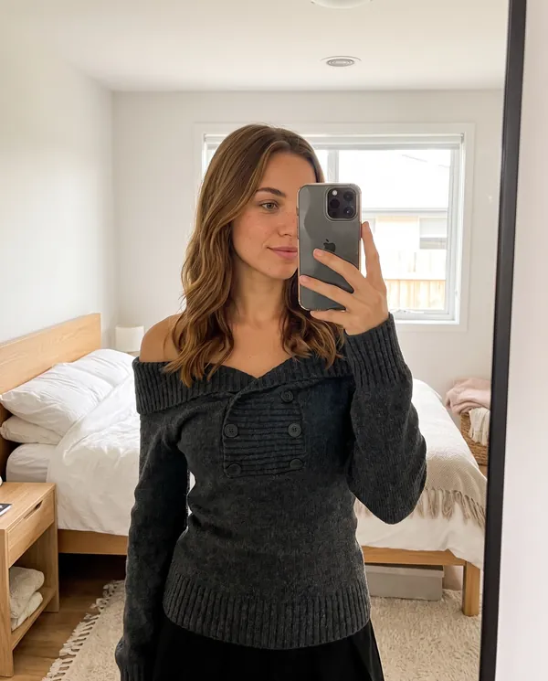 Satin Eve styling: Off-Shoulder Double Button Knit Jumper