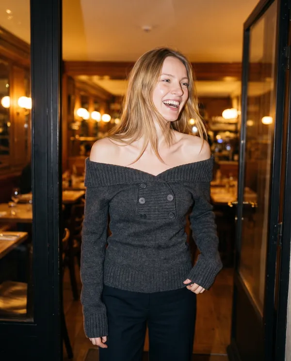 Satin Eve styling: Off-Shoulder Double Button Knit Jumper