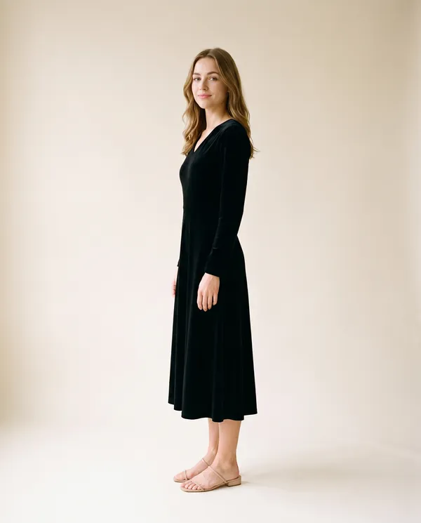 Velvet V-Neck Little Black Midi Dress in Black, side view, worn by Ava