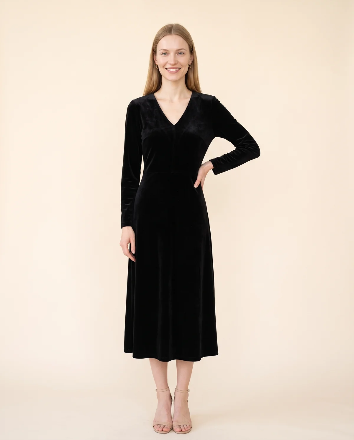 Velvet V-Neck Little Black Midi Dress in Black, front view, worn by Maya