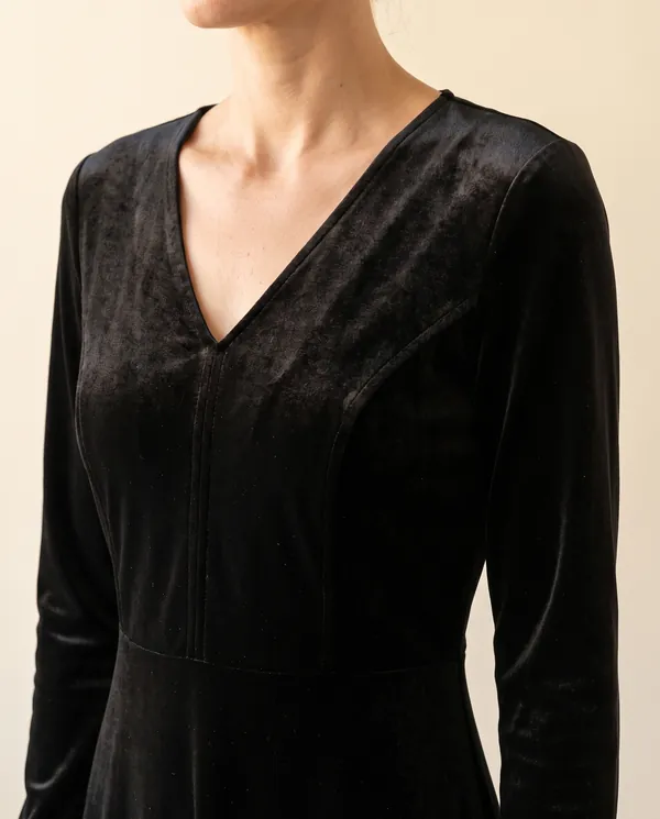 Velvet V-Neck Little Black Midi Dress in Black, close-up of the detail