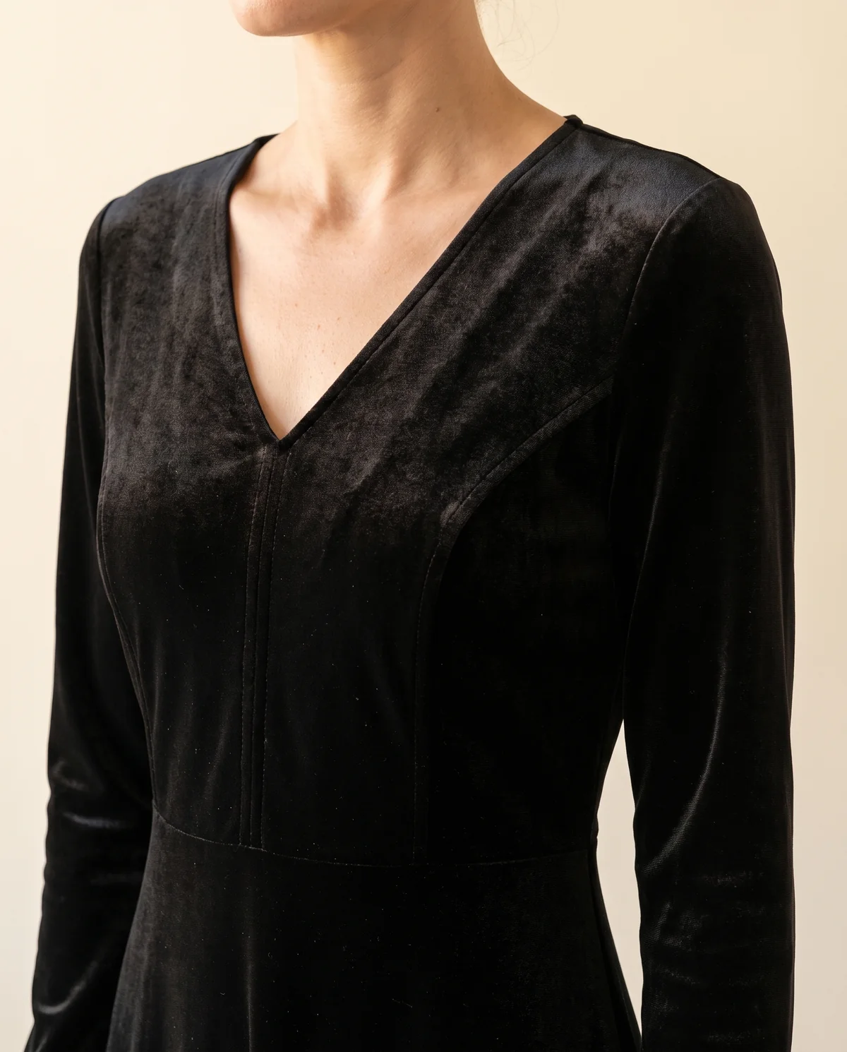 Velvet V-Neck Little Black Midi Dress in Black, close-up of the detail