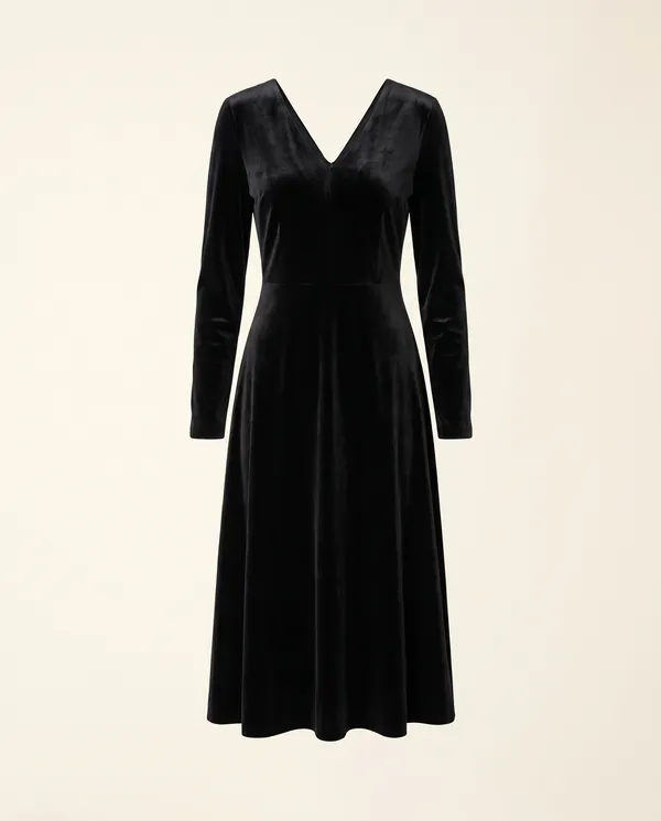 Velvet V-Neck Little Black Midi Dress in Black, product shot on a plain background