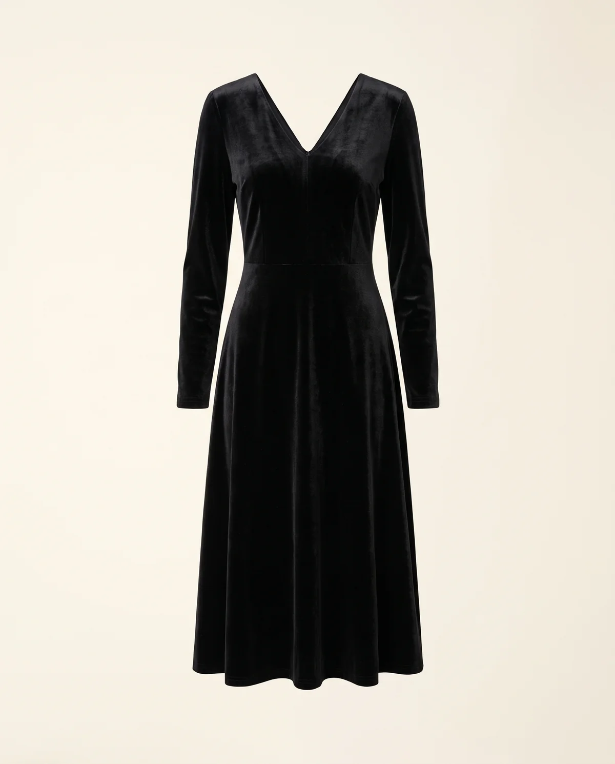 Velvet V-Neck Little Black Midi Dress in Black, product shot on a plain background