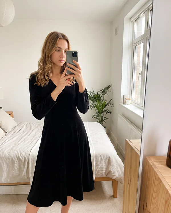 Satin Eve styling: Velvet V-Neck Little Black Midi Dress