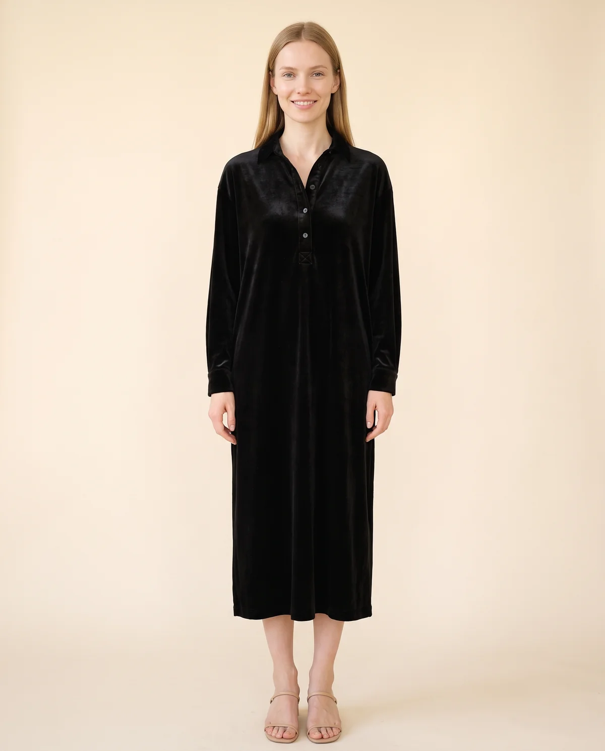 Velvet Collared Button Midi Dress in Black, front view, worn by Maya