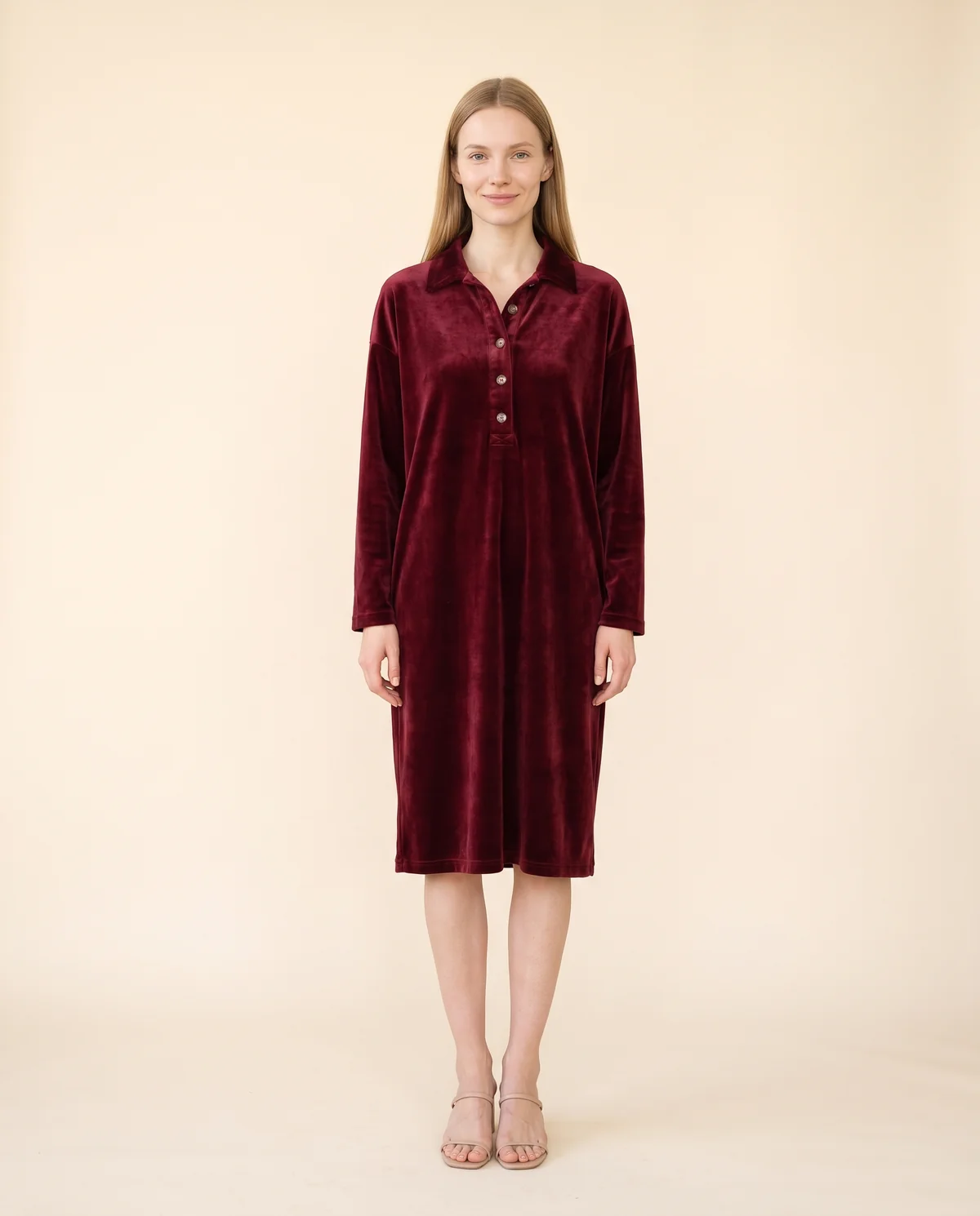 Velvet Collared Button Midi Dress in Wine, front view, worn by Maya