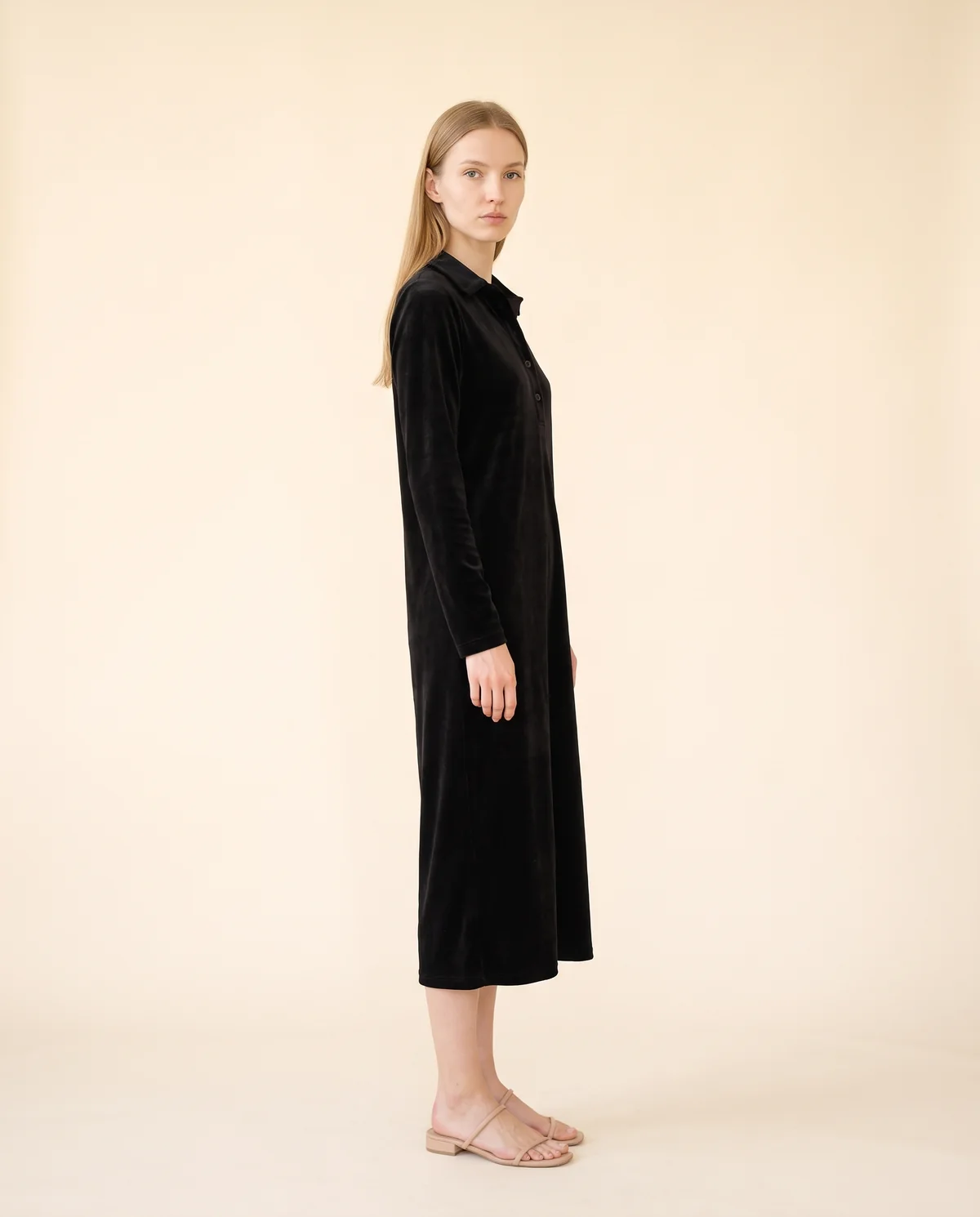 Velvet Collared Button Midi Dress in Black, side view, worn by Maya