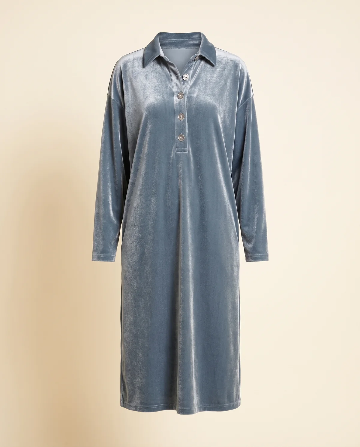 Velvet Collared Button Midi Dress in Blue-Grey, product shot on a plain background