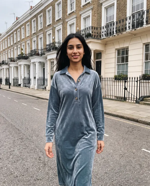 Satin Eve styling: Velvet Collared Button Midi Dress