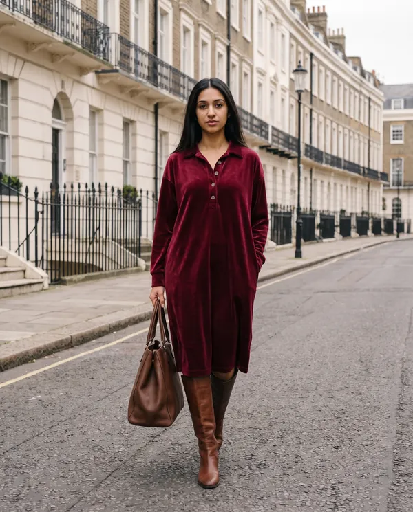 Satin Eve styling: Velvet Collared Button Midi Dress