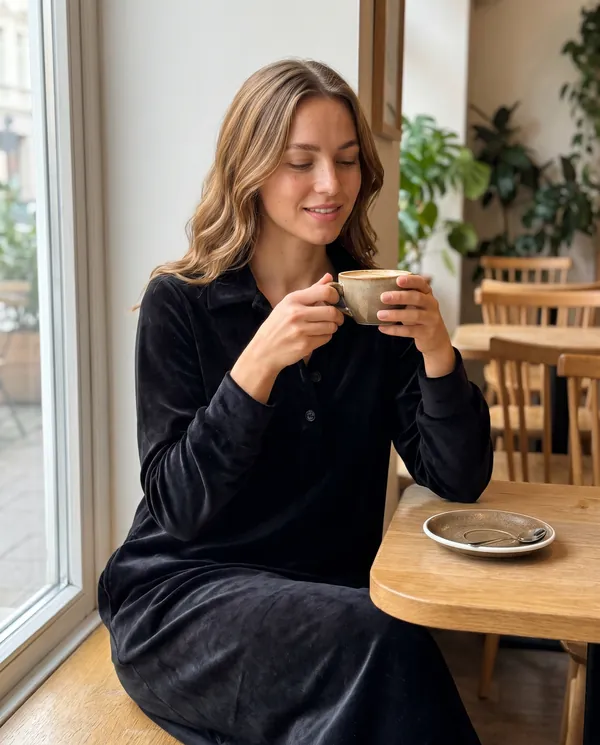 Satin Eve styling: Velvet Collared Button Midi Dress