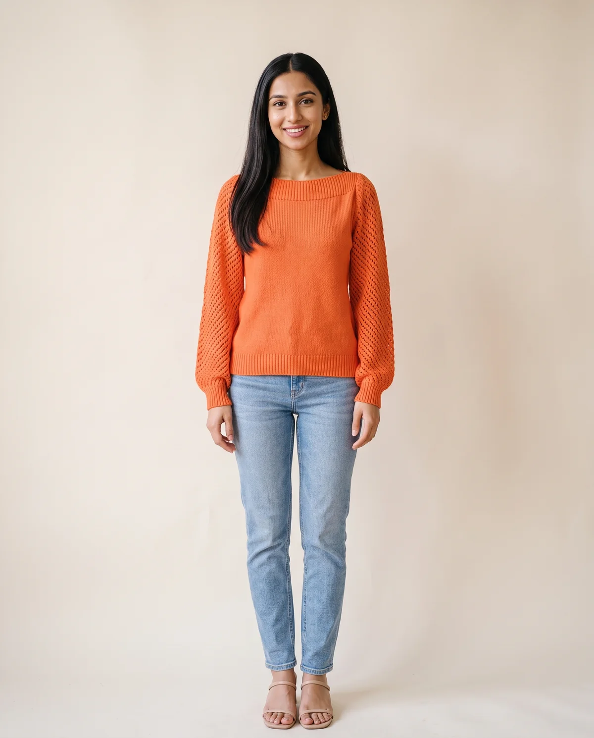 Boat Neck Openwork Sleeve Jumper in Orange, front view, worn by Priya