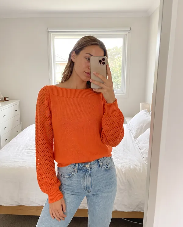 Satin Eve styling: Boat Neck Openwork Sleeve Jumper
