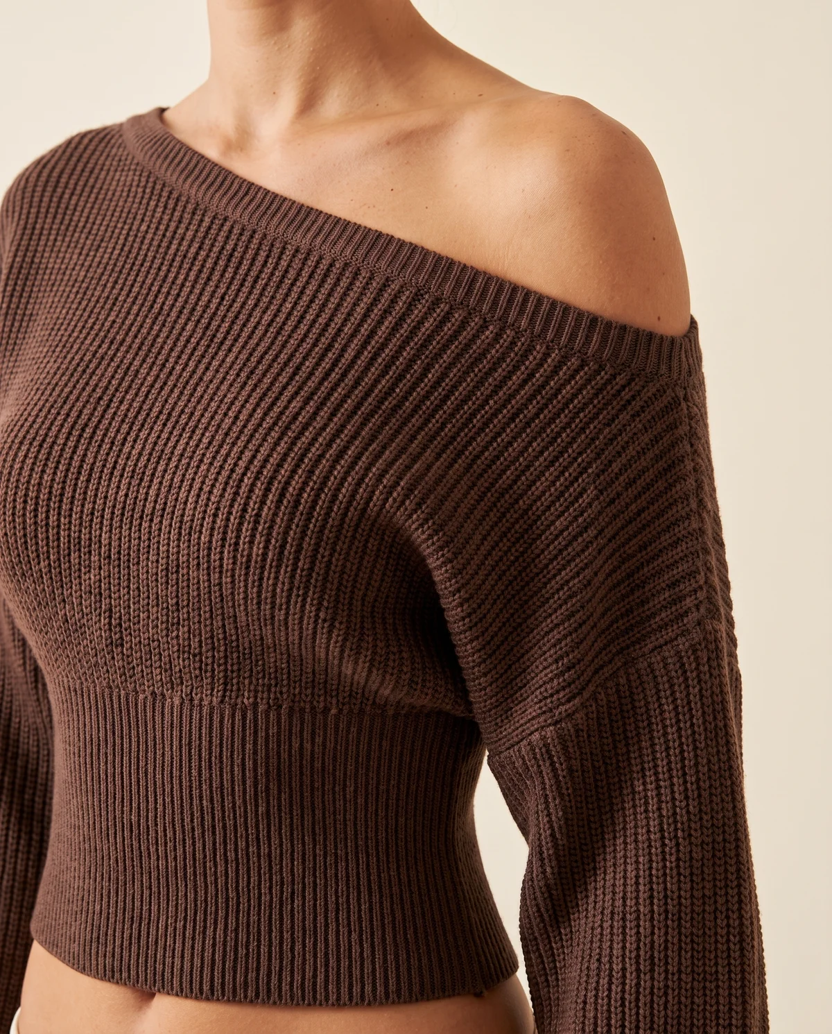 Asymmetric Off-Shoulder Rib Knit Top in Chocolate, close-up of the detail