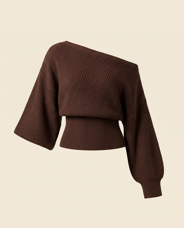 Asymmetric Off-Shoulder Rib Knit Top in Chocolate, product shot on a plain background