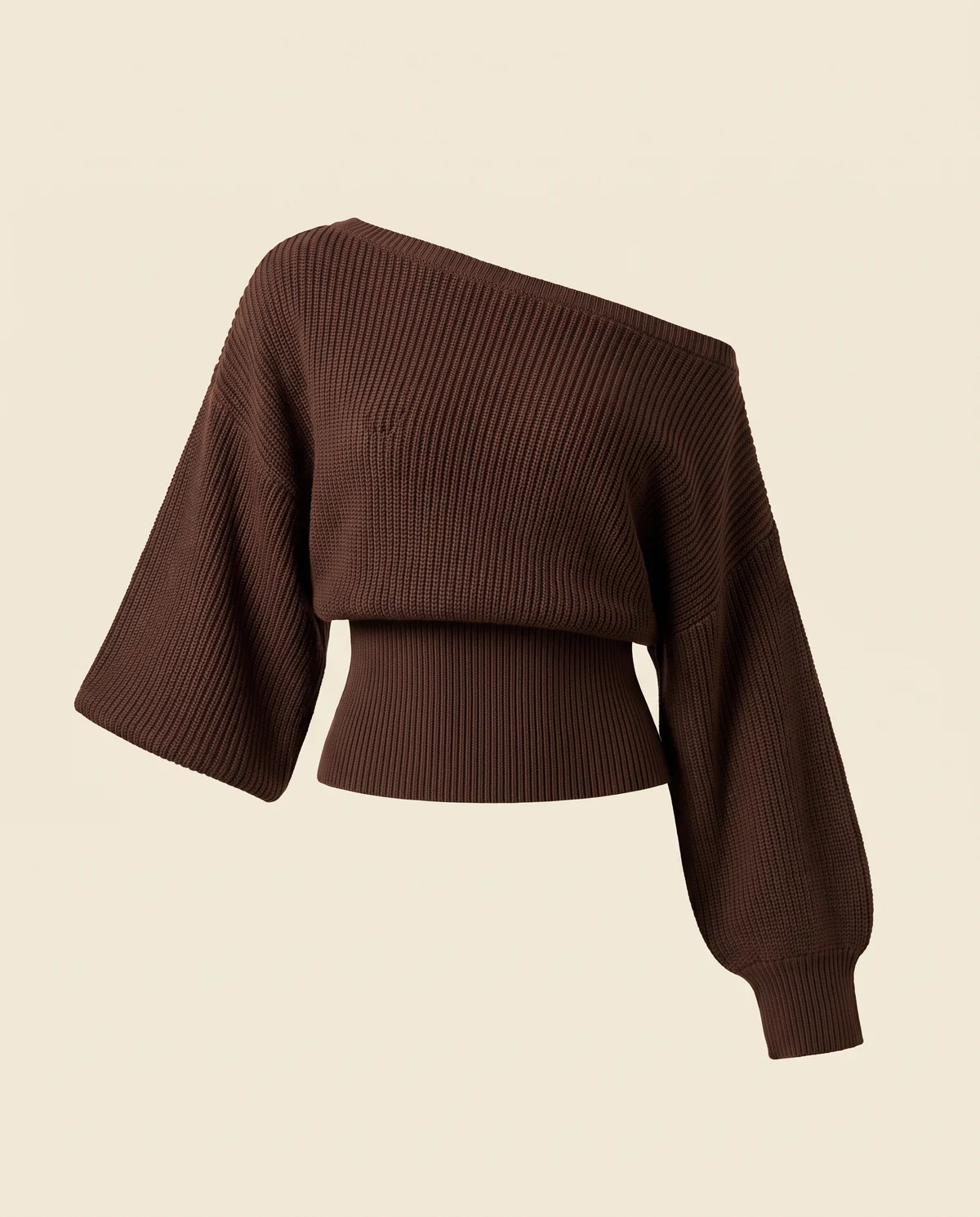Asymmetric Off-Shoulder Rib Knit Top in Chocolate, product shot on a plain background