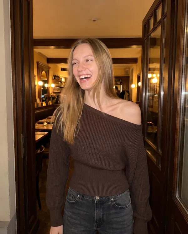 Satin Eve styling: Asymmetric Off-Shoulder Rib Knit Top