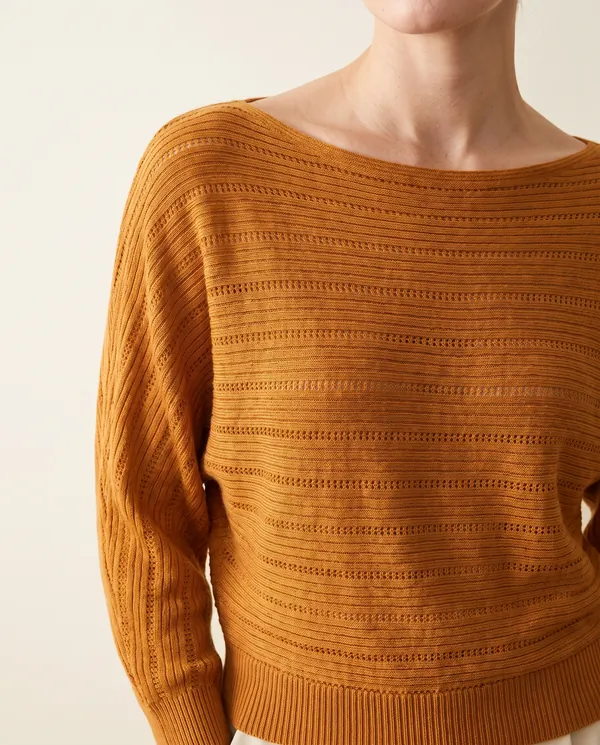 Batwing Pointelle Boat Neck Jumper in Caramel, close-up of the detail