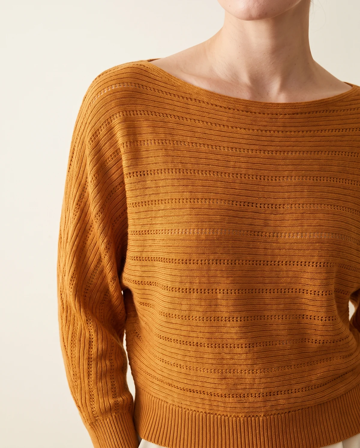 Batwing Pointelle Boat Neck Jumper in Caramel, close-up of the detail