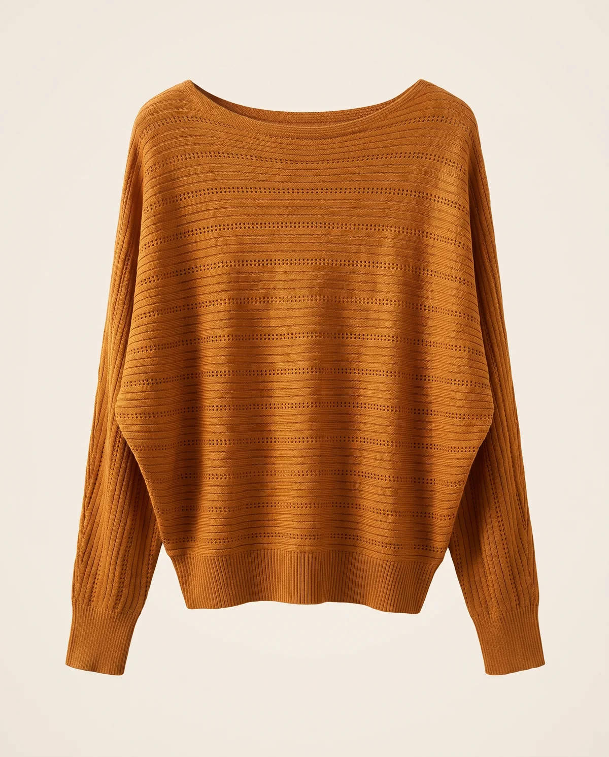 Batwing Pointelle Boat Neck Jumper in Caramel, product shot on a plain background