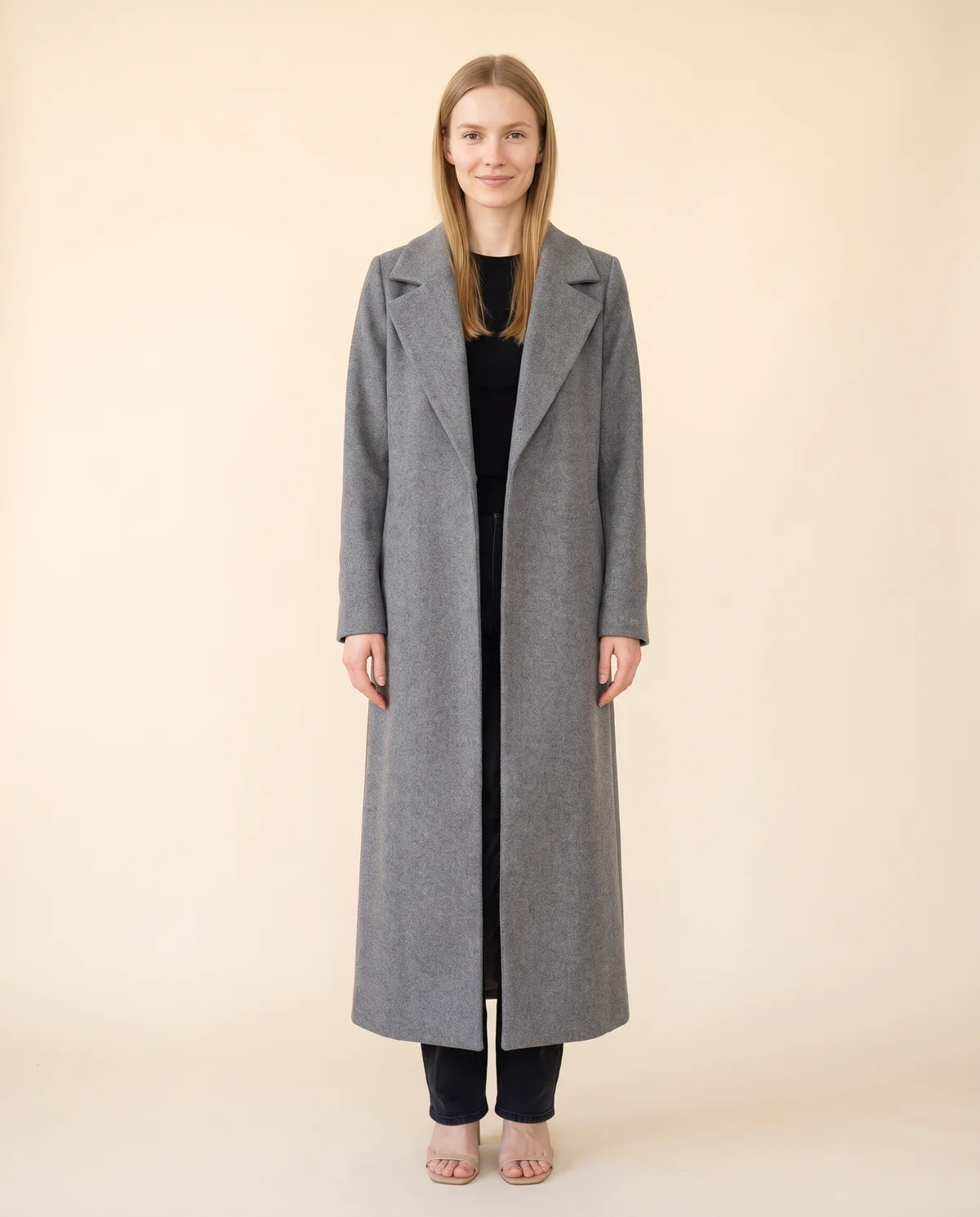 Long Wool-Look Single-Breasted Coat in Grey, front view, worn by Maya