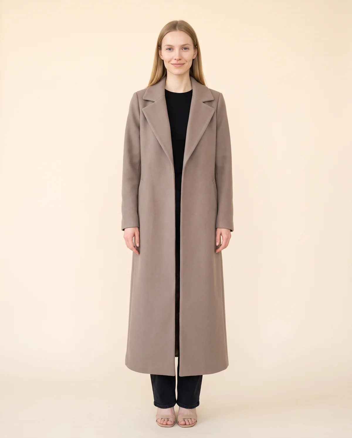 Long Wool-Look Single-Breasted Coat in Taupe, front view, worn by Maya