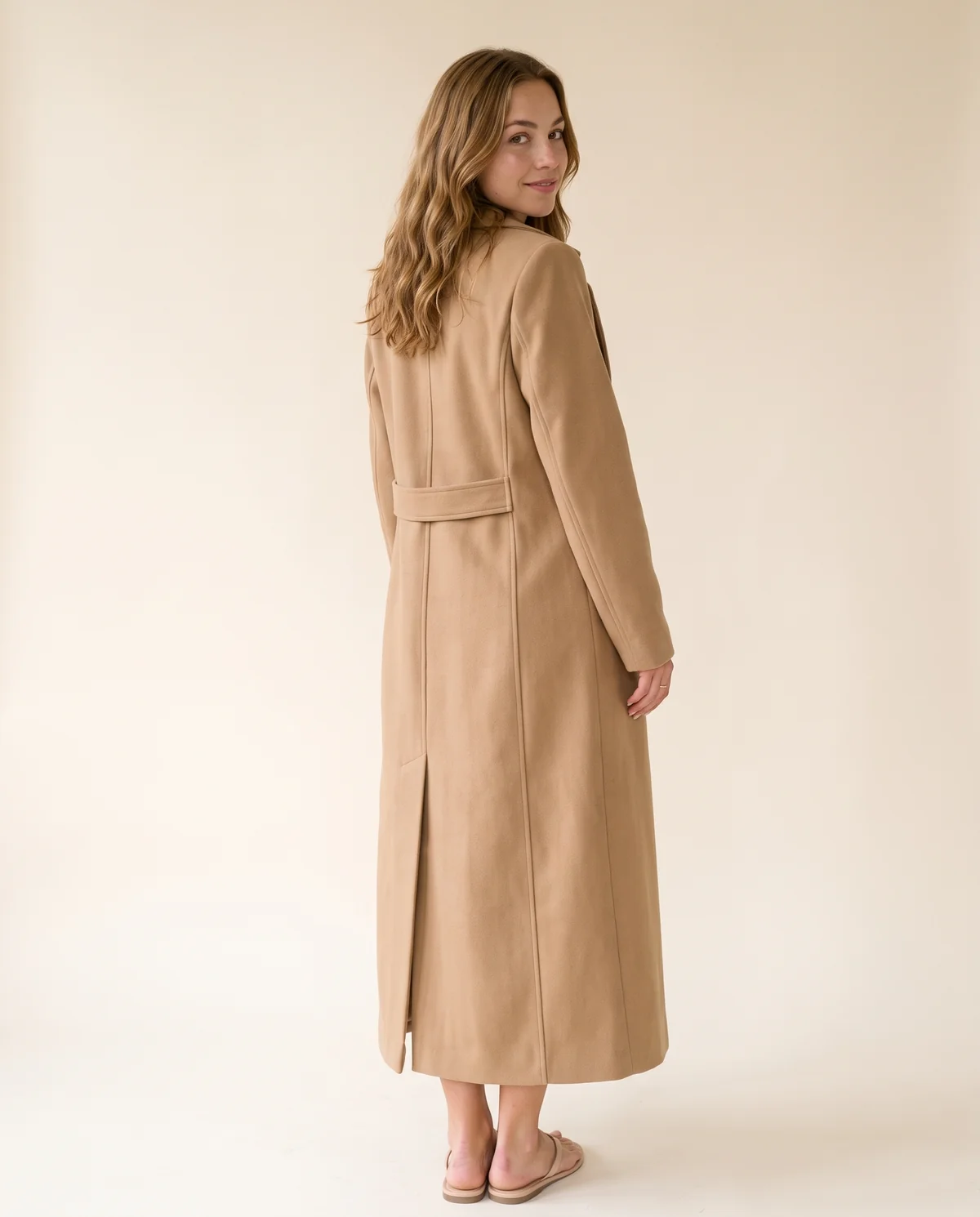 Long Wool-Look Single-Breasted Coat in Camel, back view, worn by Ava