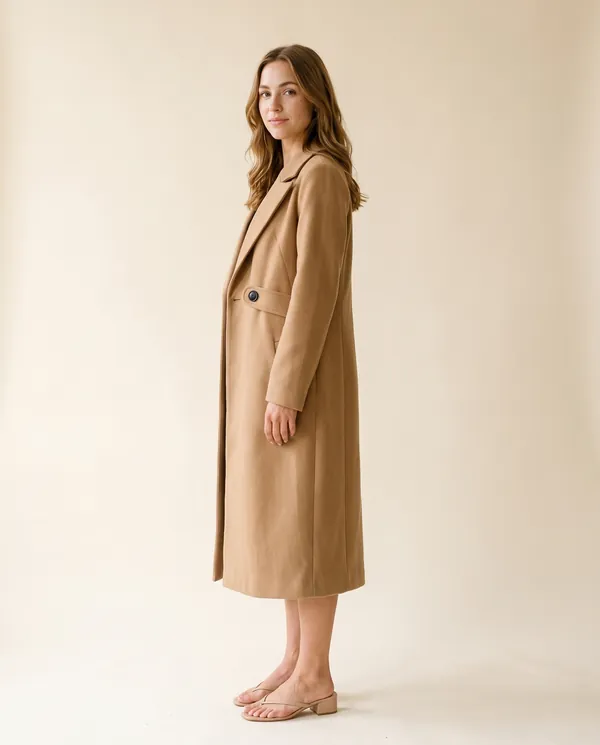 Long Wool-Look Single-Breasted Coat in Camel, side view, worn by Ava