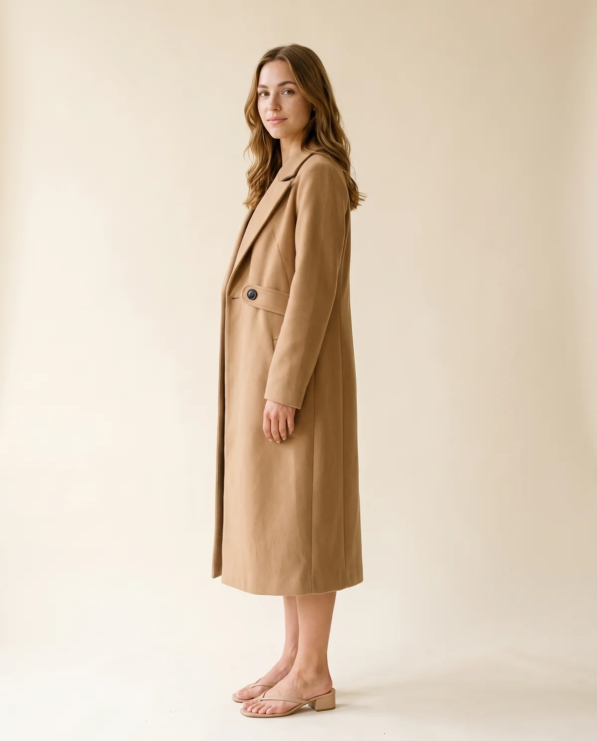 Long Wool-Look Single-Breasted Coat in Camel, side view, worn by Ava