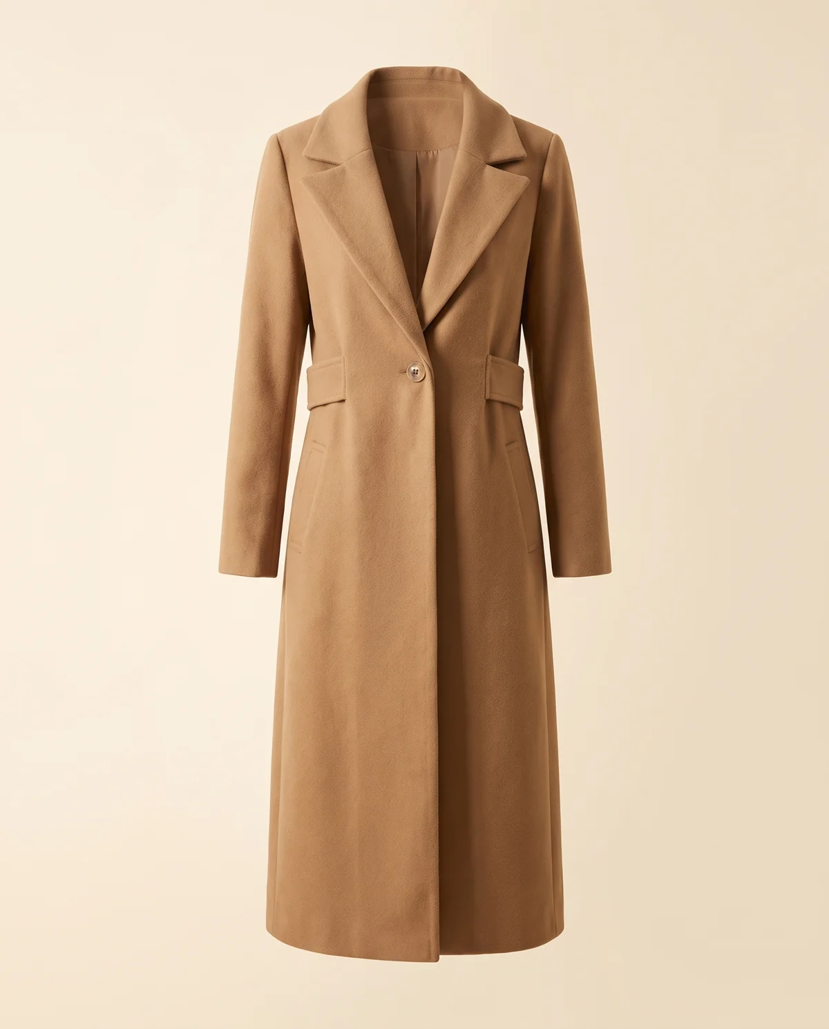 Long Wool-Look Single-Breasted Coat in Camel, product shot on a plain background