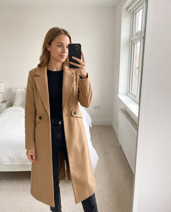 Satin Eve styling: Long Wool-Look Single-Breasted Coat